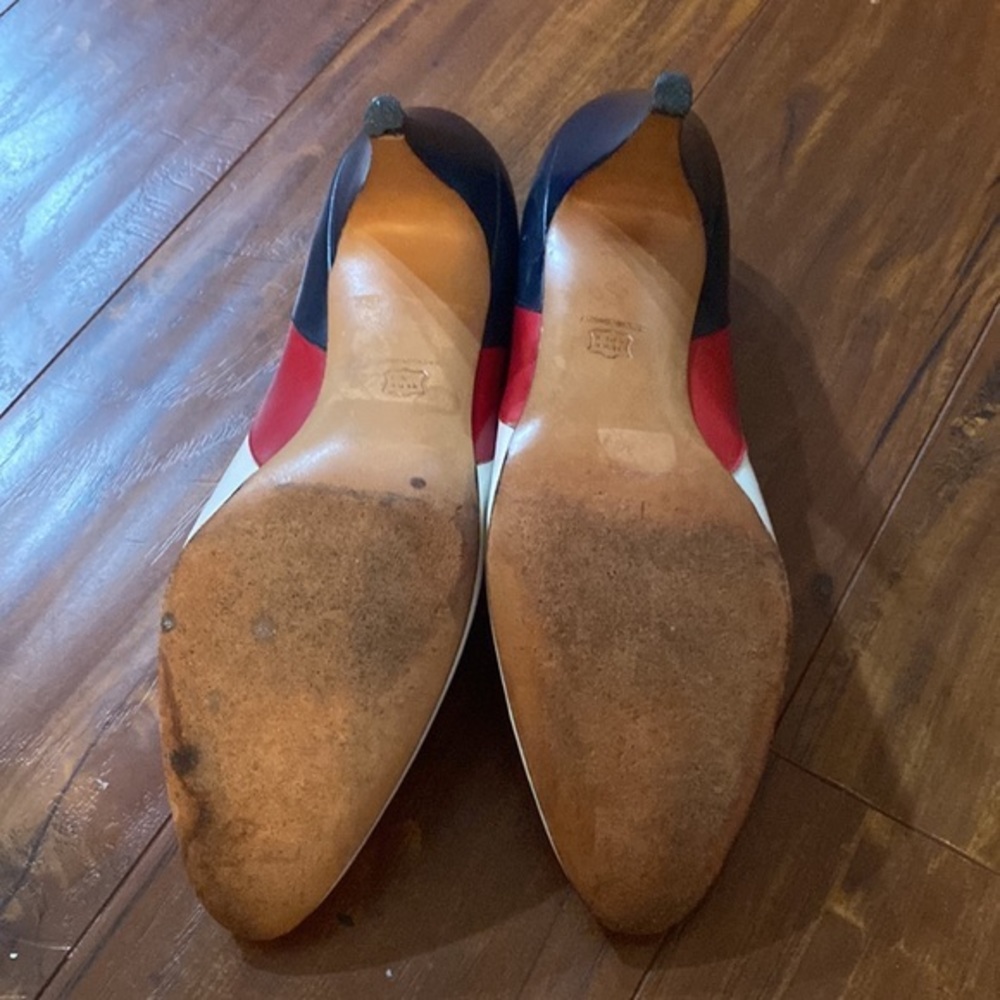 Vintage Salvatore Ferragamo for Saks Navy Red White Leather Pumps 7.5 AA - Picture 7 of 11